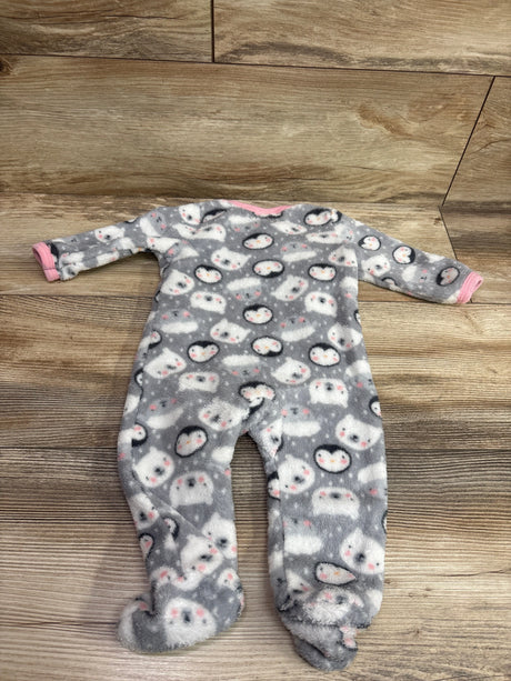 Front view of Emporio Baby Blanket Sleeper in gray, size 3-6 months, with animal print and pink trim on wood floor