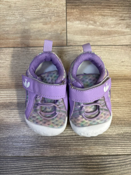 Top-down view of purple FeetCity wide toddler water shoes size 4/5C showing Velcro strap, pull tab, mesh upper on wood floor