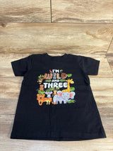 Front view of black Gildan toddler 4T t-shirt showcasing I'm Wild and Three jungle animal print on wood floor background