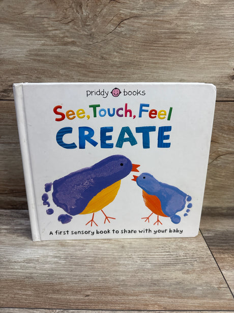 Front cover of See, Touch, Feel: Create board book with colorful title and two footprint bird prints on wood background