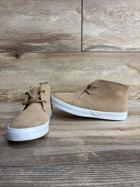 Front-side view of Janie and Jack Suede Chukka sneakers, tan suede ankle chukka with white rubber soles on wood background