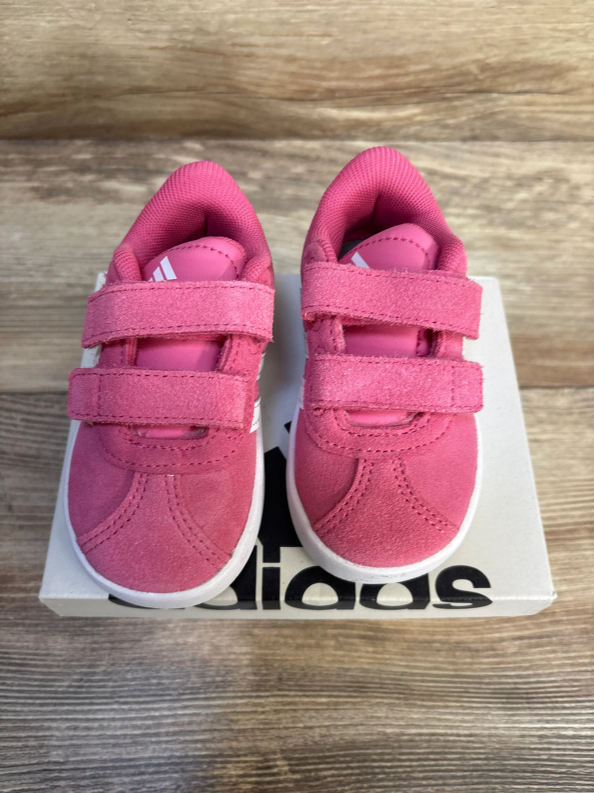 Pink Adidas toddler sneakers with velcro straps, ideal for baby and kids footwear
