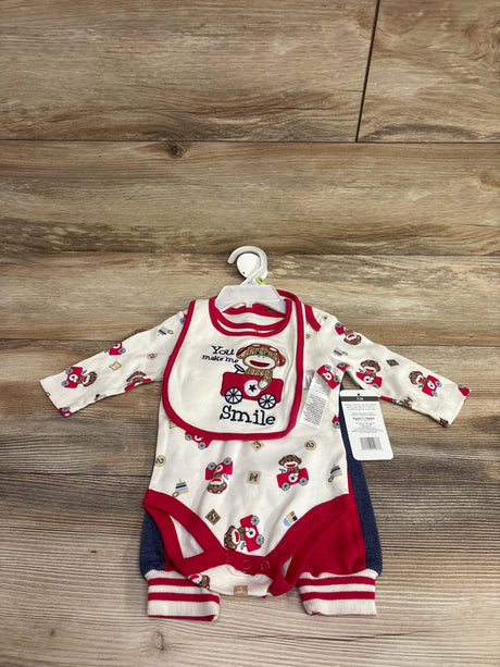 Front view of Baby Starters 3pc Sock Monkey set, size 3M, with ivory bodysuit, pants, bib, and red trim