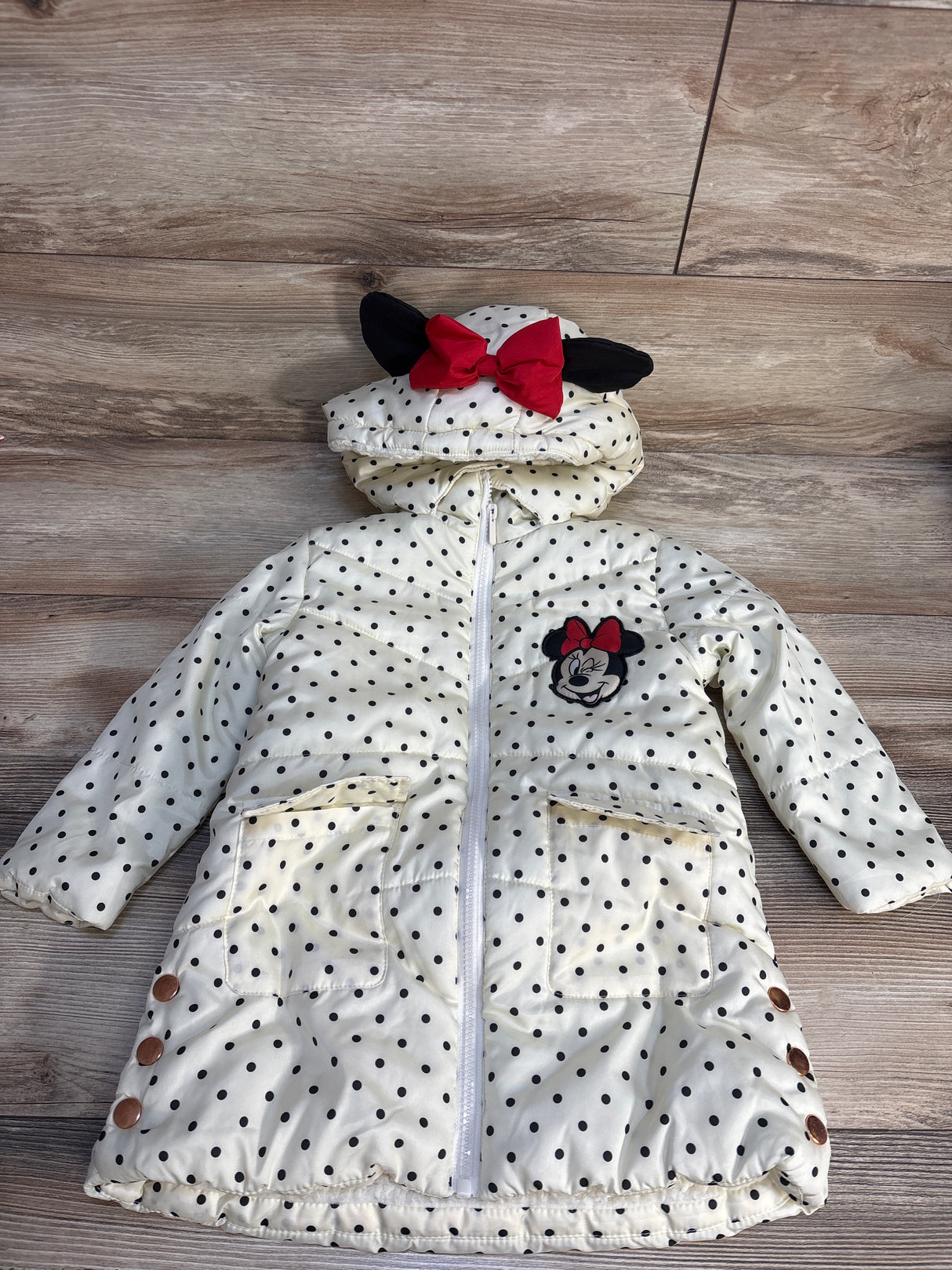 Disney Junior Minnie Mouse Polka Dot Puffer Jacket Cream sz 3T