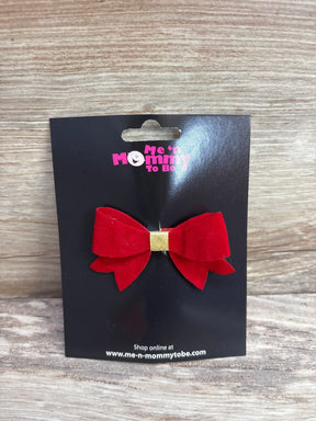 Red velvet baby hair bow with gold center, kids accessory on black card