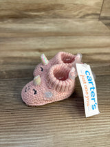 Pink knit baby unicorn booties with holographic horn and Carter's tag, perfect for newborns and infants.