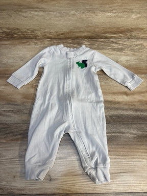 White baby onesie with green squirrel graphic, long-sleeve zip-front sleeper for infants