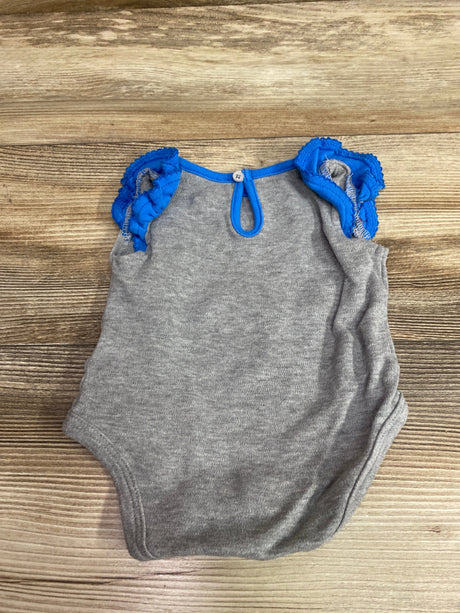 Grey NFL Los Angeles Chargers baby bodysuit with blue ruffled shoulders