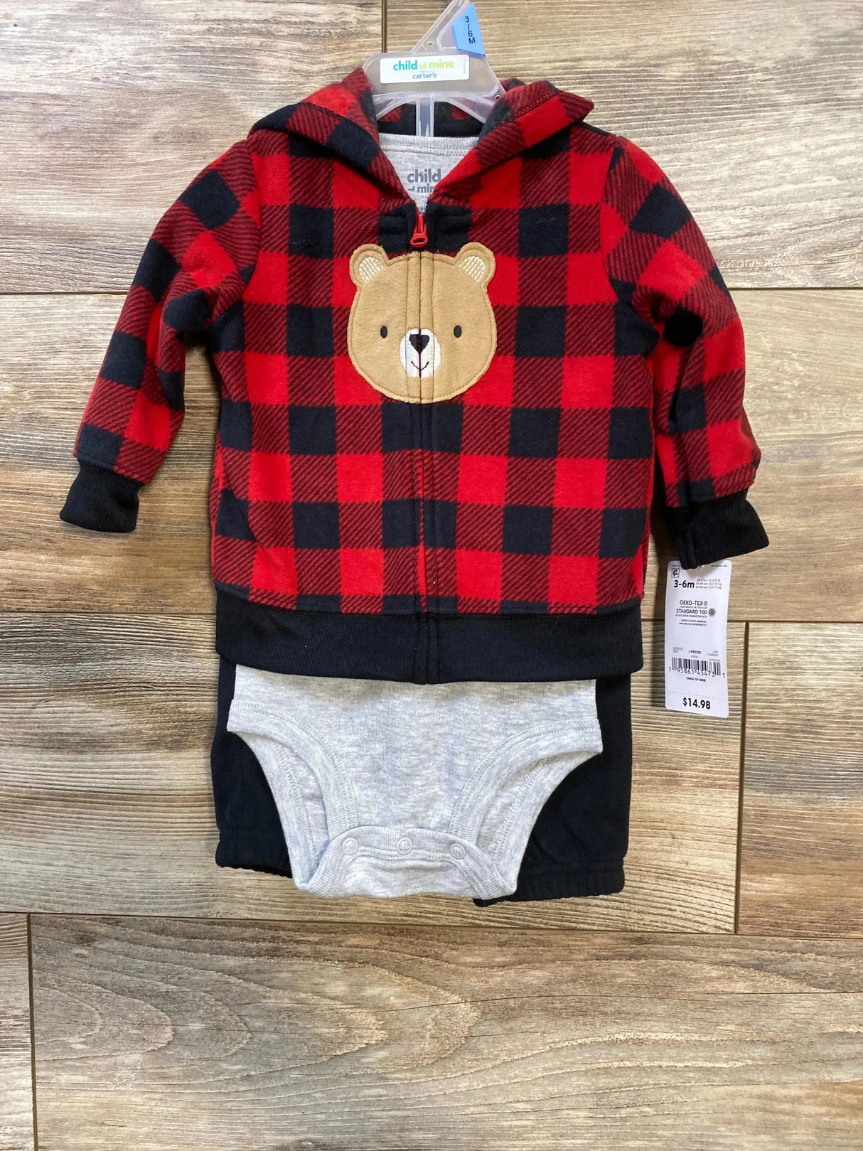 NEW Child Of Mine 3pc Fleece Buffalo Check Hoodie Set Red sz 3-6m