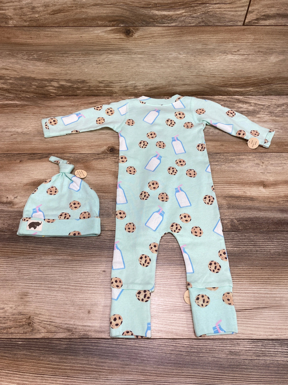 NEW Monica + Andy Cookies and Milk Pajama  & Top Knot Cap Set in Mint sz 0-3m