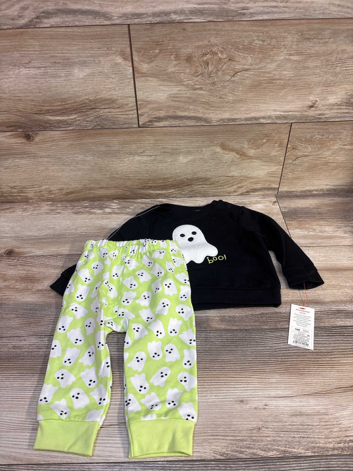 NEW Cat & Jack 2pc Ghost Sweatshirt & Green Jogger Set Black sz 12m