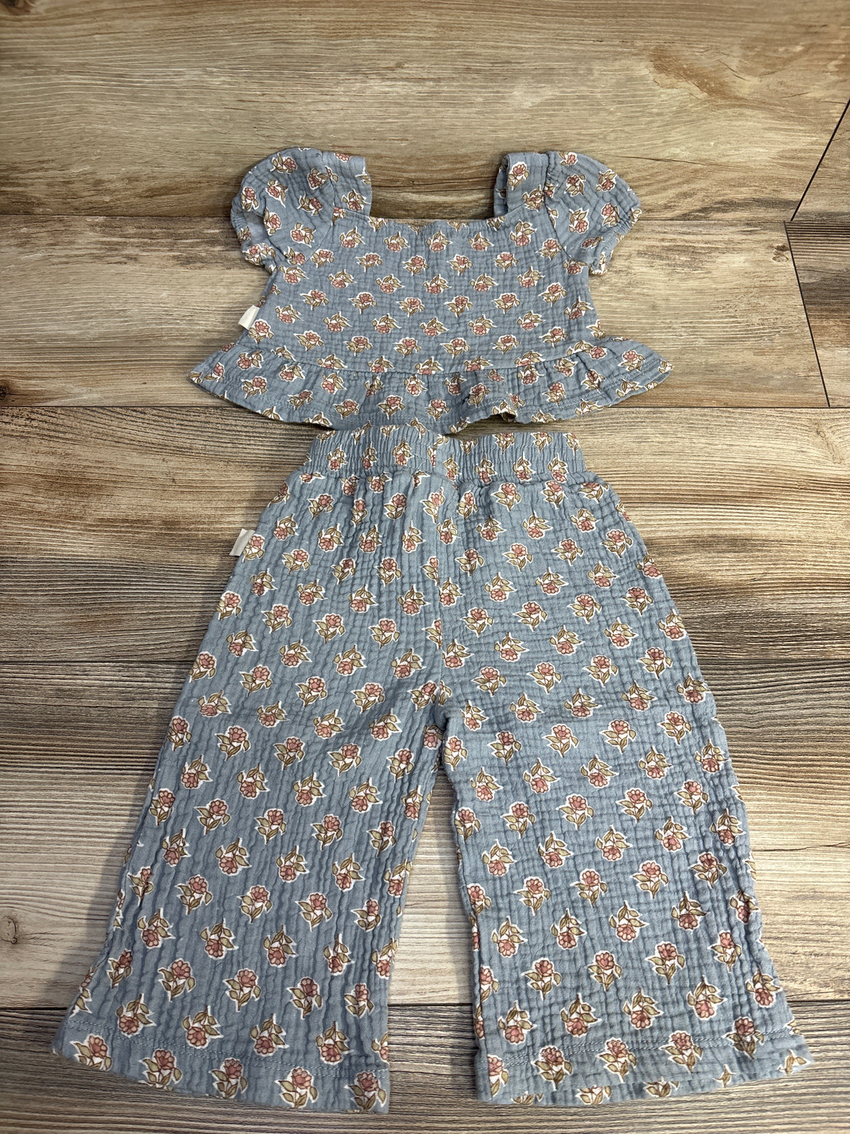 Rabbit Bear Organic 2pc Floral Muslin Peplum Top & Pants Set Blue sz 12m