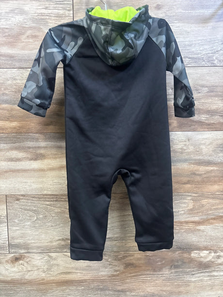 Nike Therma-Fit hooded coverall in black with grey camo sleeves and lime green hood lining