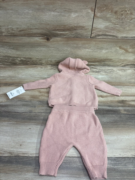 Just One You 2pc pink knit hooded cardigan and pants set for babies size 3m on wood background