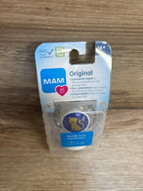 MAM orthodontic baby pacifier with cat design in BPA free packaging on wood surface