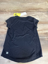 Back view of new All In Motion Active Moon shirt in black showcasing short sleeves brand logo and attached yellow hangtag on wood plank floor