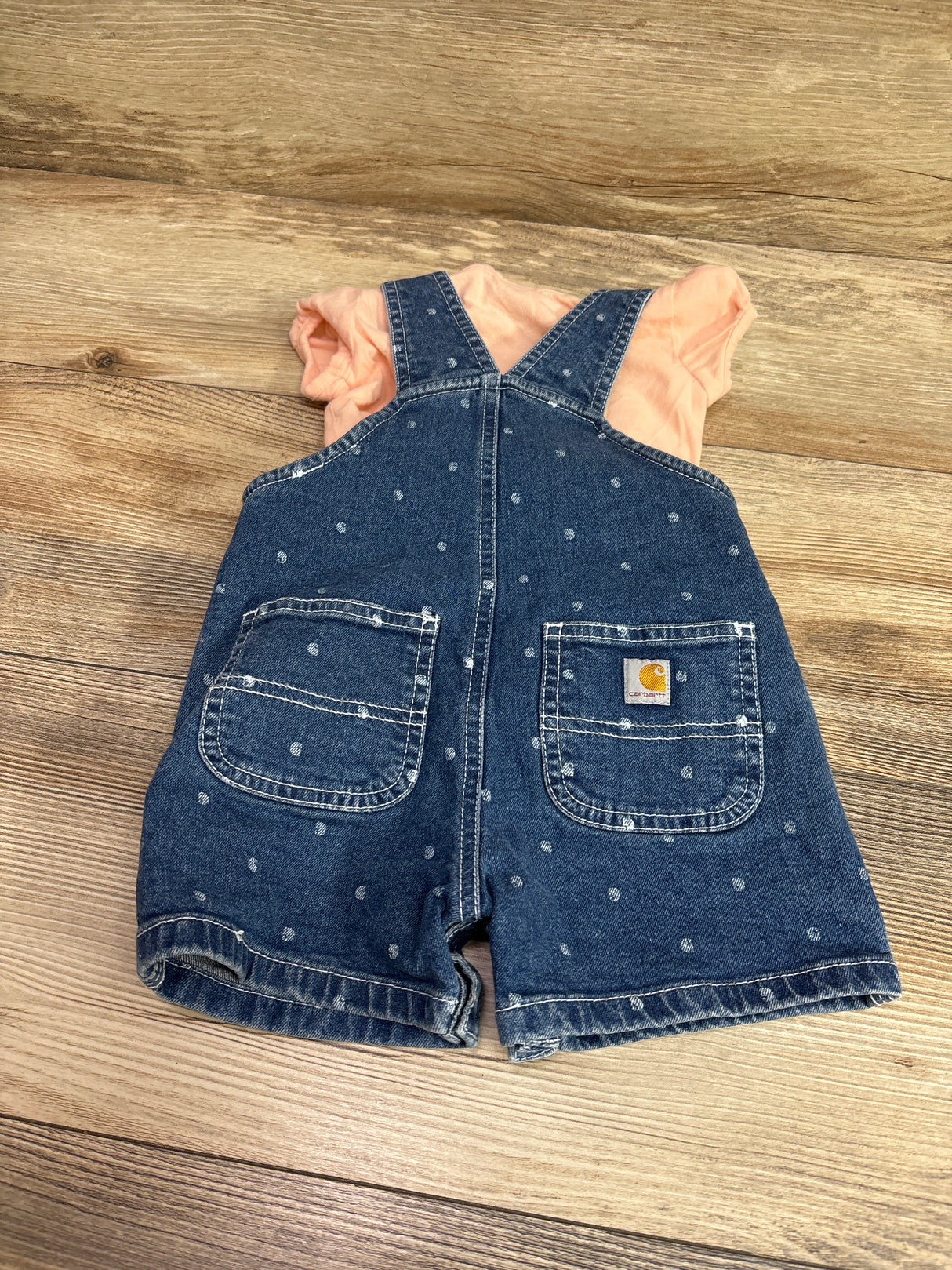 Carhartt 2pc Bodysuit & Polka Dot Denim Shortalls Peach sz 12m