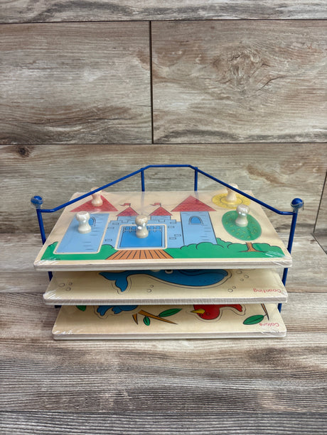 Front view of Lakeshore Big Knob Learning Puzzle Set showcasing three wooden puzzles with large knobs on wood-grain surface