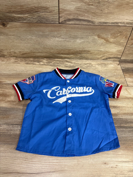 Front view of blue Shein California baseball jersey shirt, size 3T, showcasing button front and striped trim on a wood floor