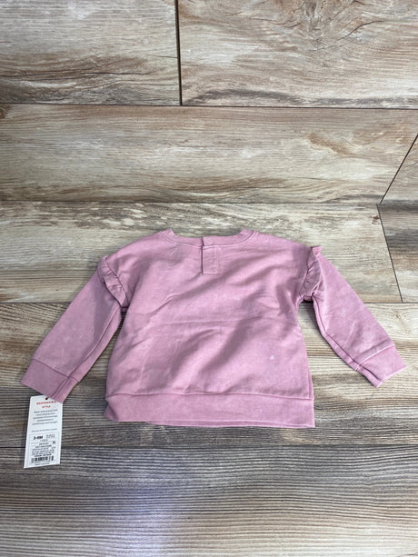 Back view of a pink long-sleeve baby sweatshirt for ages 3-6 months on wood floor background