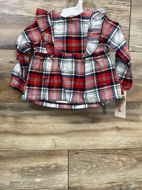 Red green plaid baby dress with ruffles, long sleeves, on hanger for kids clothing resale