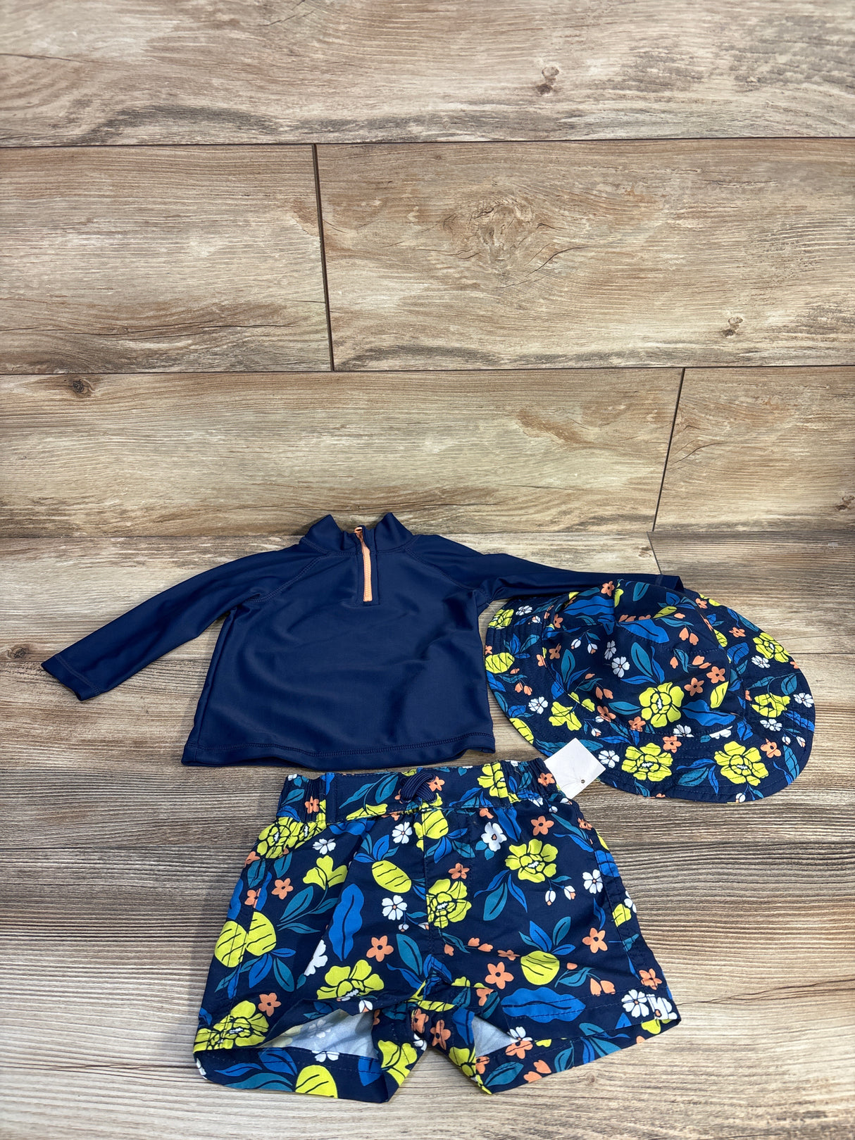NEW First Impressions 3pc Rash Guard, Swim Trunks, & Hat Set Navy sz 3-6m