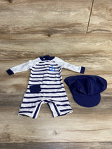 Up and Fast 2pc Striped Rashguard Swimsuit & Hat Navy/White sz 6-9m