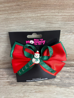 Red and green Christmas bow with snowman charm for kids, festive holiday hair accessory