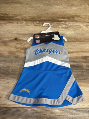 Toddler NFL Chargers cheerleader dress in blue, gray, and white with team logo on wooden background