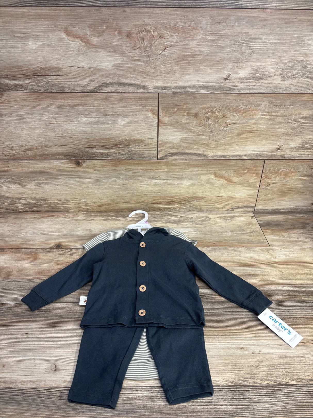 NEW Carter's 3pc Button Up Pull Over & Striped Bodysuit Set Navy sz 9m