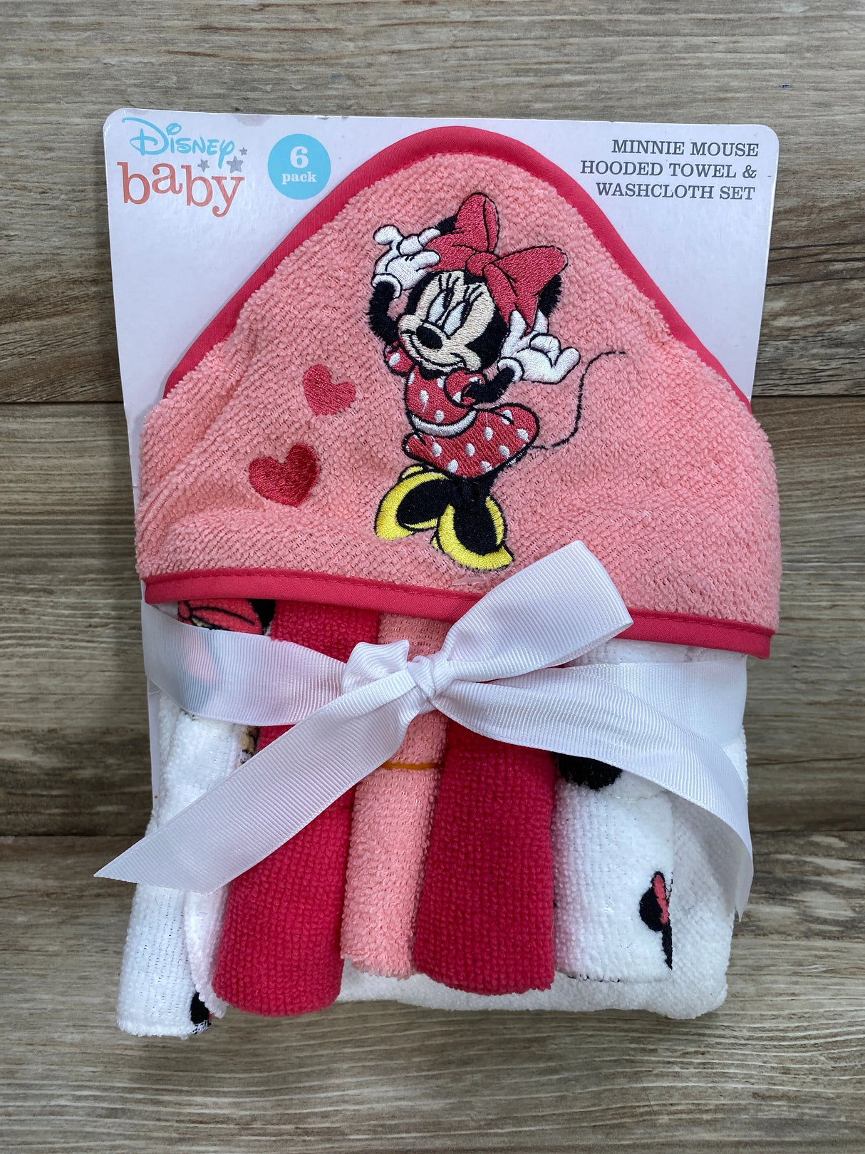 NEW Disney Baby Minnie Mouse Hooded Towel with 5 Piece Washcloth Set