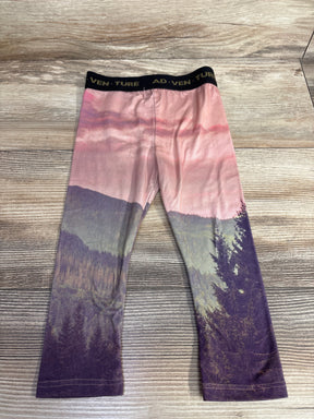 Kids leggings with sunset mountain forest print and ADVENTURE waistband on wooden background