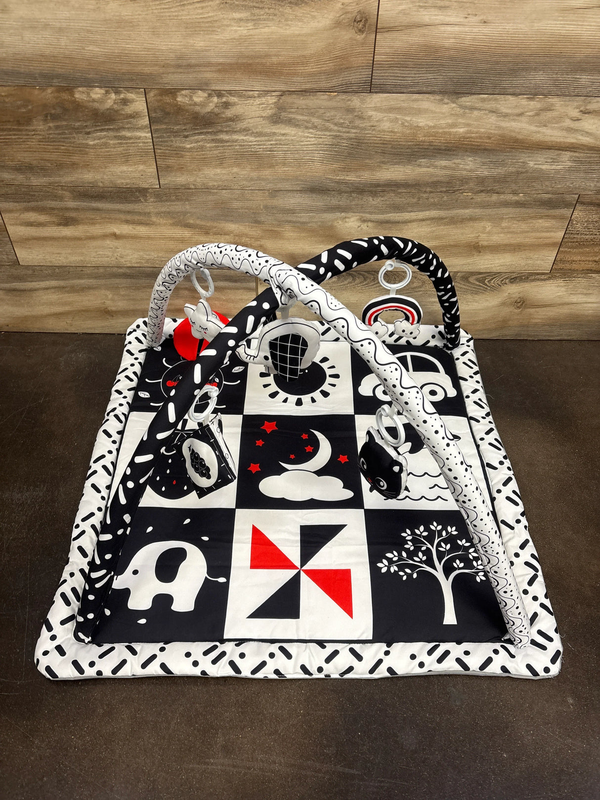 Black and White Baby Gym Play Mat with 6 Toys
