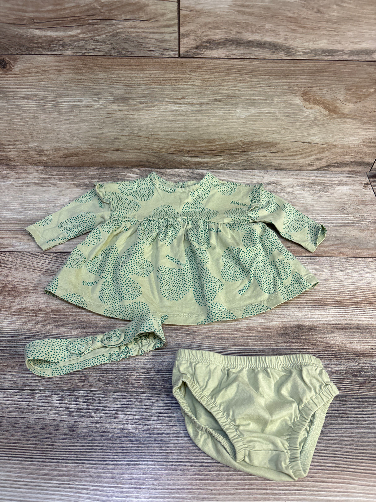 Carter's 3pc Heart Print Dress & Bloomers Set Sage sz Newborn