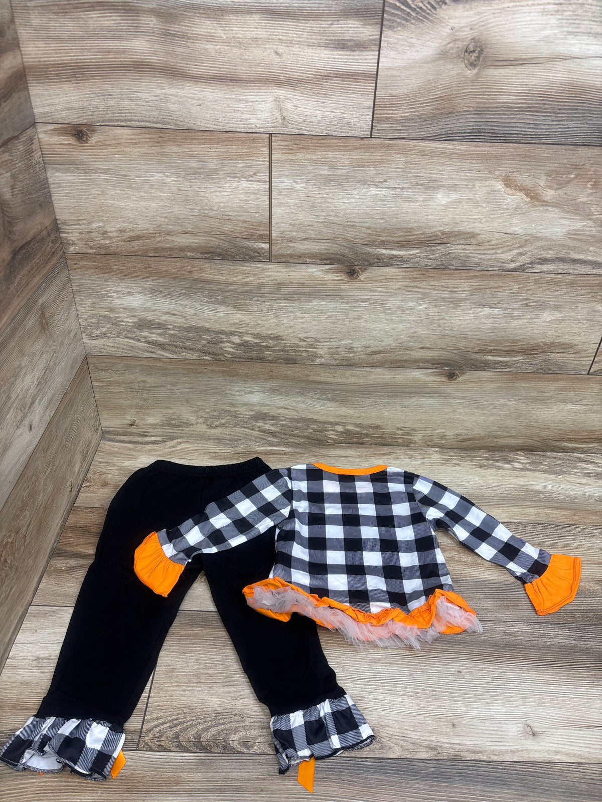 NWOT Jkerther 2pc Plaid Pumpkin Long Sleeve Top & Flare Pants Set Black sz 18-24m