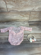OOSAKU 2pc Lace Bodysuit & Headband Set Pink sz Newborn
