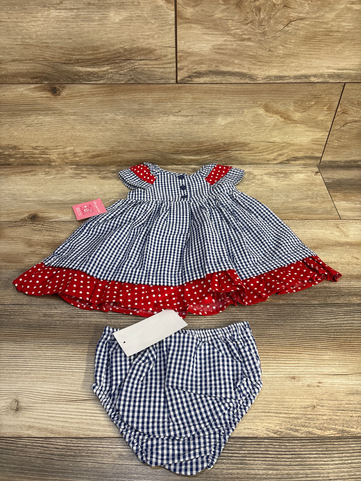 NEW Rare Editions 2pc Embroidered Seersucker Dress & Bloomers Set Blue sz 6-9m