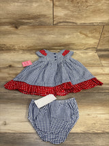 NEW Rare Editions 2pc Embroidered Seersucker Dress & Bloomers Set Blue sz 6-9m