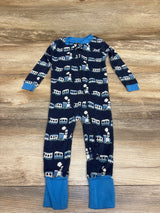 Front view of M + A by Monica + Andy Train Convertible Sleeper with train print, blue cuffs, and full zipper on wood