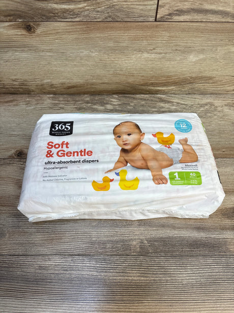 365 Whole Foods Market Soft & Gentle hypoallergenic baby diapers, size 1, 40 count, with rubber duck design