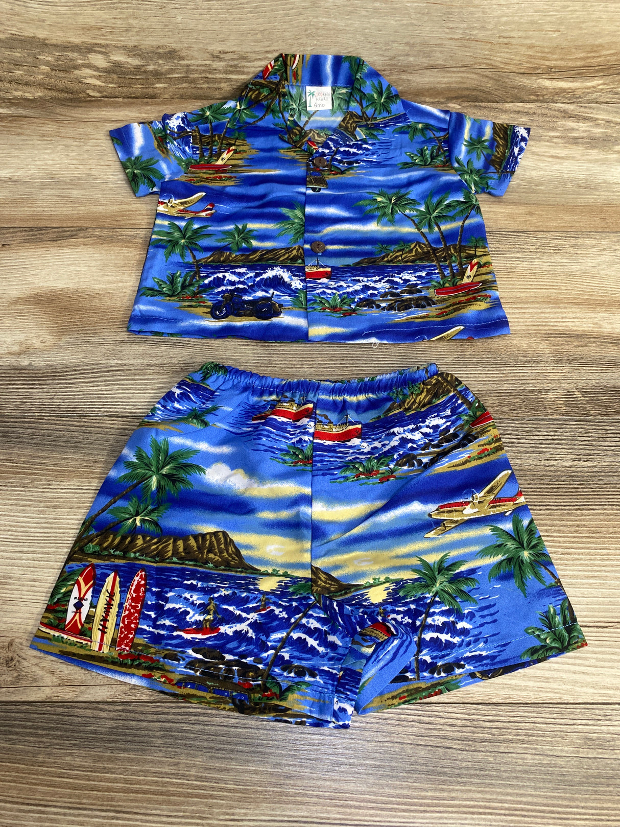 Koko Keiki Hawaii 2pc Tropical Button Up Shirt & Shorts Blue sz 6m