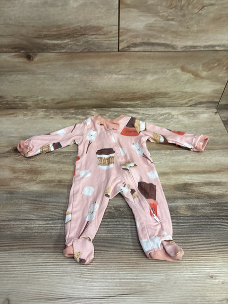 Honest Baby s'mores print pink newborn sleeper on a wooden background