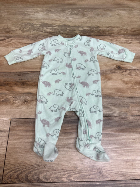 Front view of Simple Joys teal blanket sleeper showcasing elephant print, zipper, long sleeves, and footed legs on a wood floor