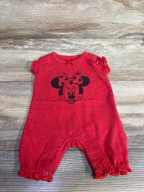 Red baby romper with Minnie Mouse face and polka dot bow, snap buttons and ruffled sleeves and legs