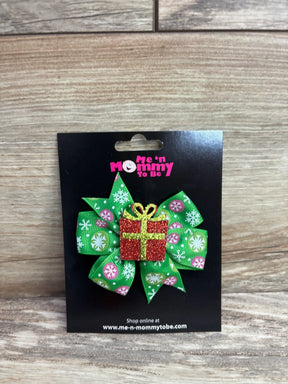Green snowflake hair bow with red glitter gift box, holiday kids accessory