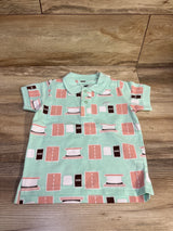 Front view of Monica + Andy Smores polo shirt in blue, size 3T, with collar, buttons, short sleeves, and geometric print