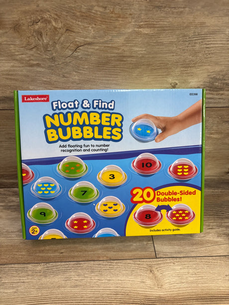 Front view of Lakeshore Float & Find Number Bubbles box showing 20 double-sided bubbles for number recognition and counting