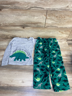 Gray dinosaur pajama top with 'Snooze-a-saurus' text and green dinosaur print pants for kids