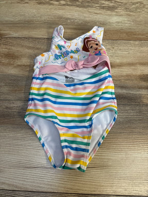 Colorful toddler one-piece swimsuit with rainbow stripes and cartoon character on wood floor