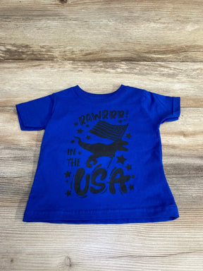 Flat lay of blue Rabbit Skins toddler T-shirt showing black Rawrrr in the USA dinosaur and American flag graphic on wood background